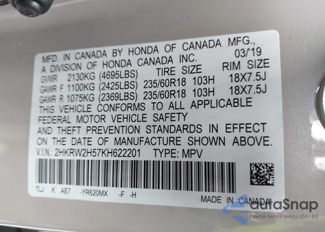 2019 Honda Cr-V Ex from USA, damaged, VIN 2HKRW2H57KH622201
